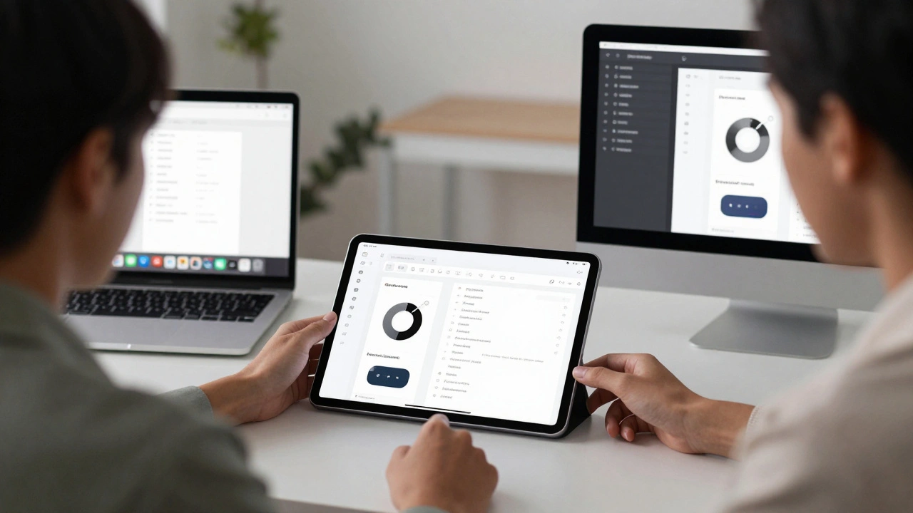 Three professionals collaborating in real time on a Figma design, one using an iPad Pro, others on Macs.