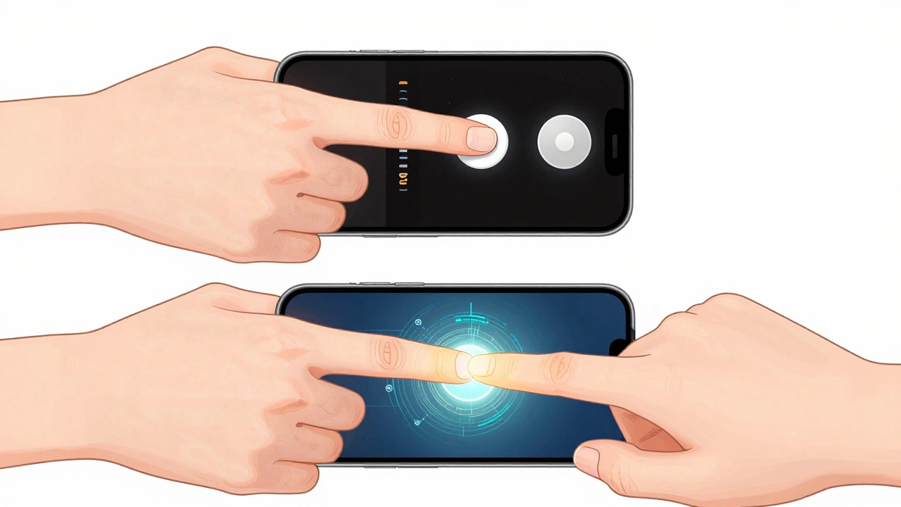 Two hands pressing the same button — one sees a screen, the other feels a click — with haptic energy patterns visible.