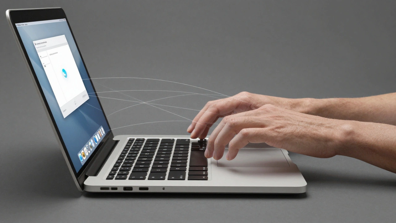Two hands resting on a MacBook, with invisible touch paths linking to screen elements.