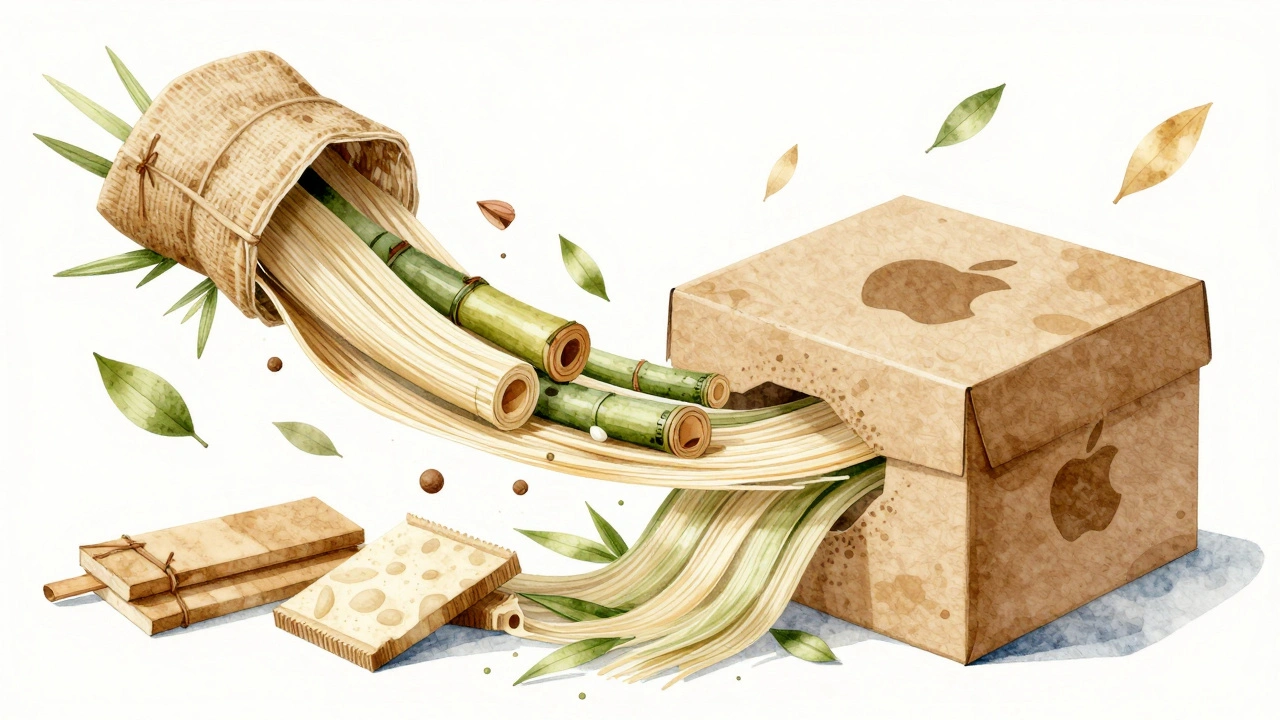 Watercolor illustration of sustainable materials forming Apple packaging with bamboo, bagasse, and paper.