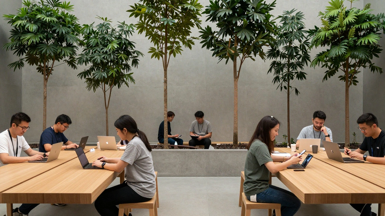 A calm Genius Grove with ficus trees and staff helping customers at wooden tables, no uniforms or name tags.