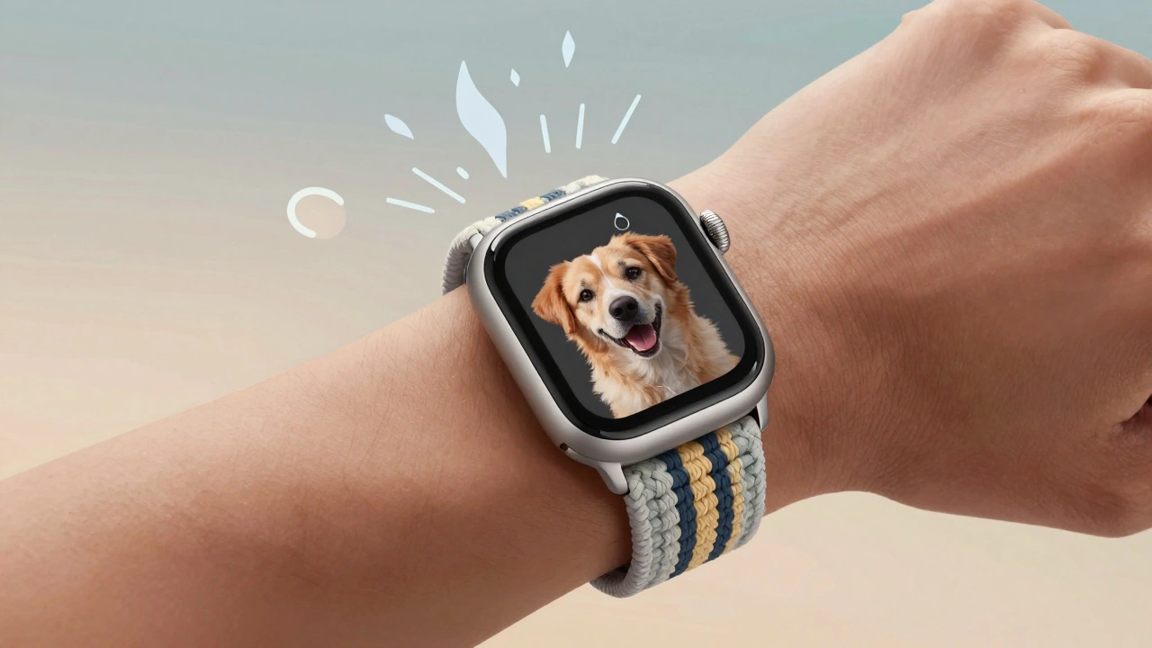 A custom Apple Watch strap with a dog photo design, surrounded by abstract health and light elements.