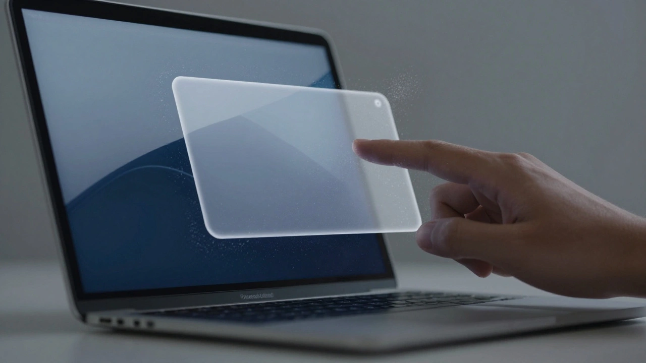 A hand dragging a video clip from a Mac screen to an iPad screen with no interface elements, only a smooth digital transition in mid-air.