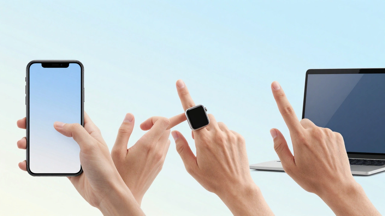 A hand performing the same gesture across iPhone, Apple Watch, and MacBook in seamless visual continuity.