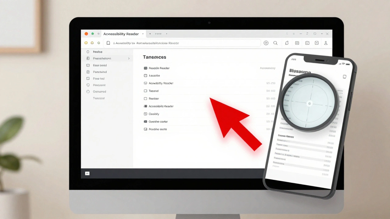 A Mac desktop with Accessibility Reader and Magnifier tools active, showing customized text and a glowing pointer.