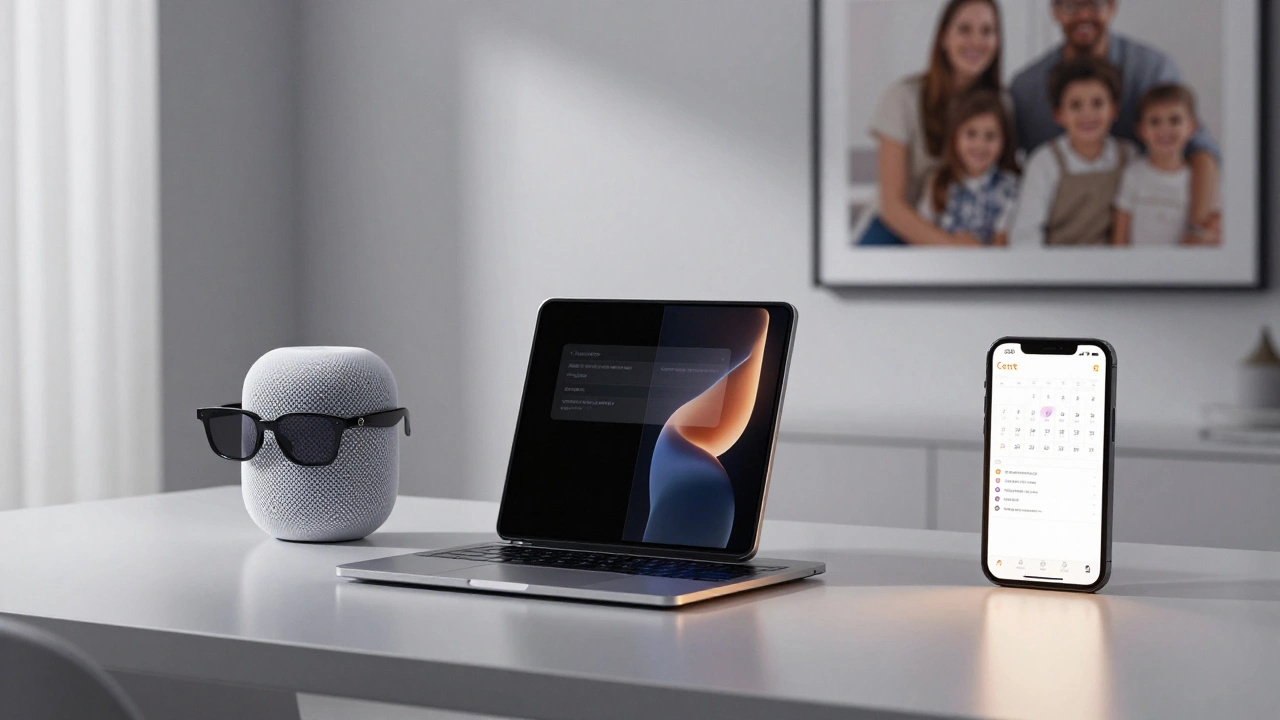A modern living room with a foldable iPhone acting as a second screen, Apple Glasses projecting subtle info, and a HomePod display showing calendar entries.