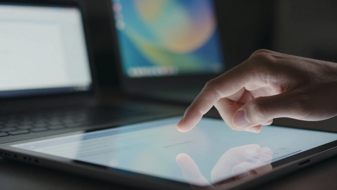 A navigation bar transforming into translucent Liquid Glass on an iPad, responding to gaze with subtle glow and elevation.