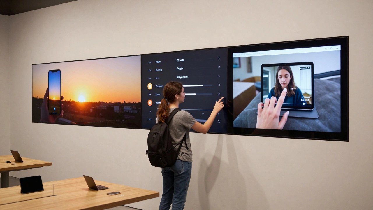 A person interacting with an immersive touch wall that visualizes photo, music, and video experiences in real time.