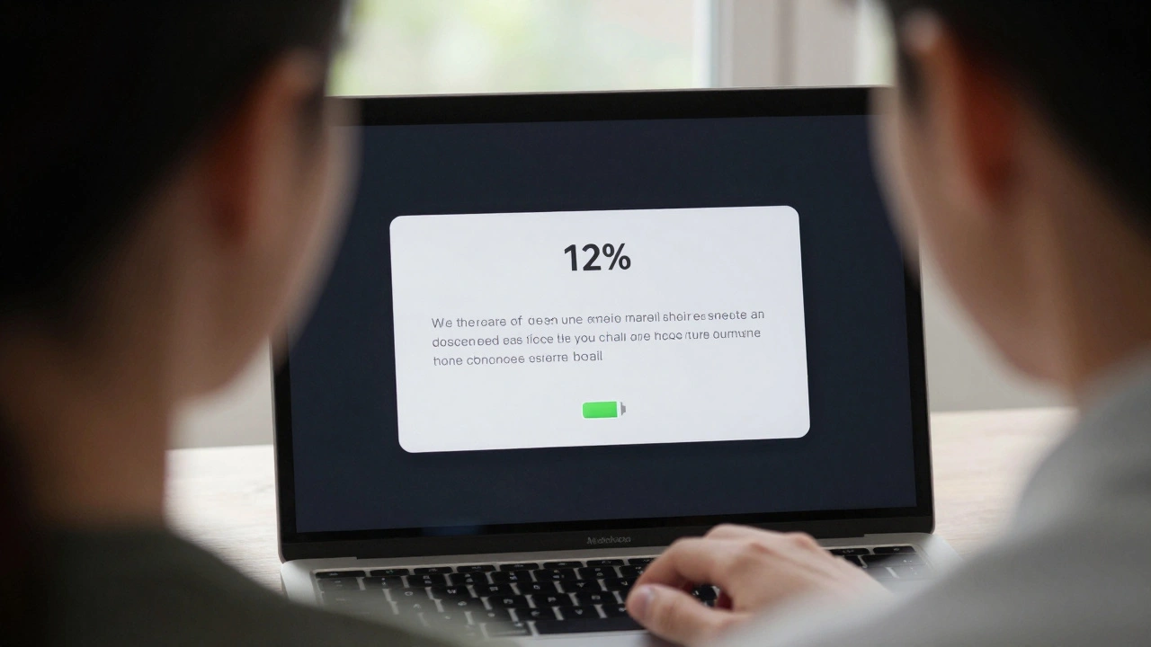A person using an AI assistant on a laptop with low battery, receiving a seamless response without interruptions.