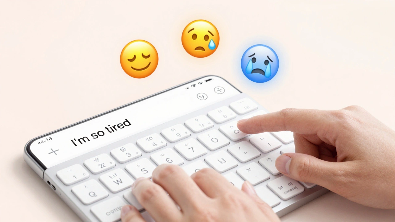 A phone keyboard showing three emoji options after typing 'I'm so tired', with one subtly highlighted.