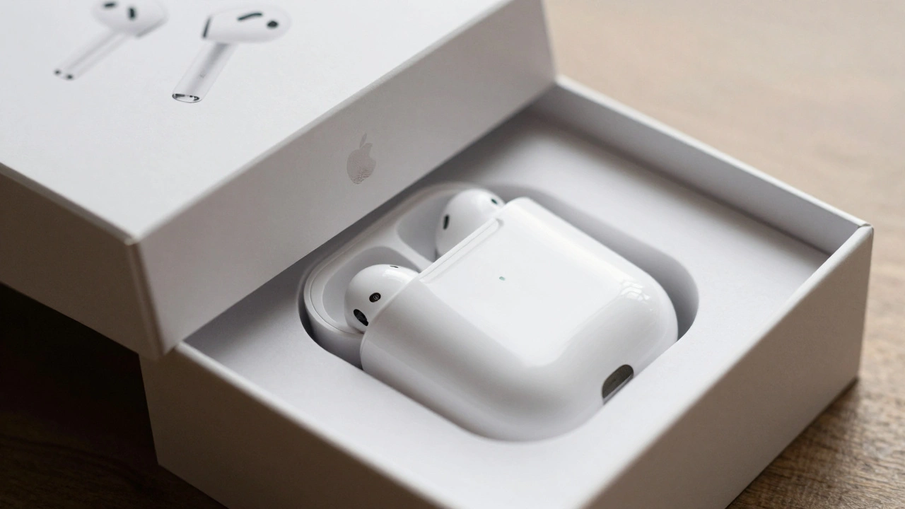 A pristine Apple product box slightly open, revealing an AirPods case inside with soft lighting and fine details.
