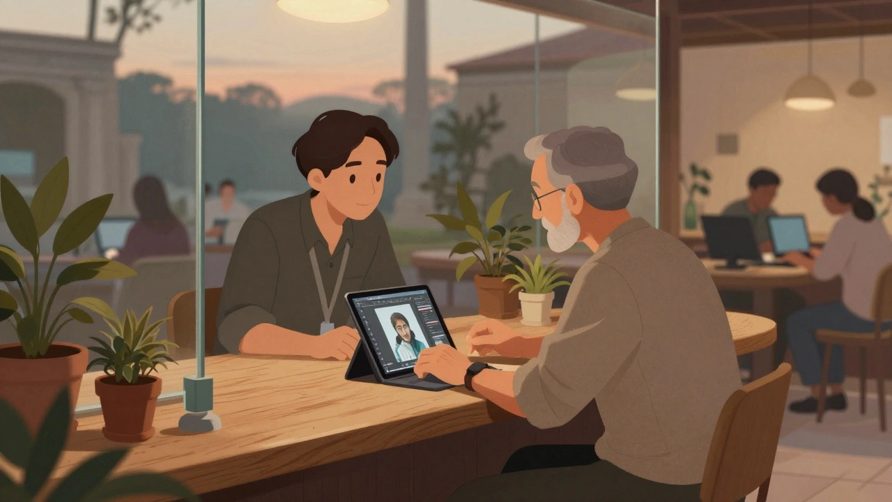 A technician and an elderly man share a quiet moment at the Genius Grove, learning together beside potted plants.