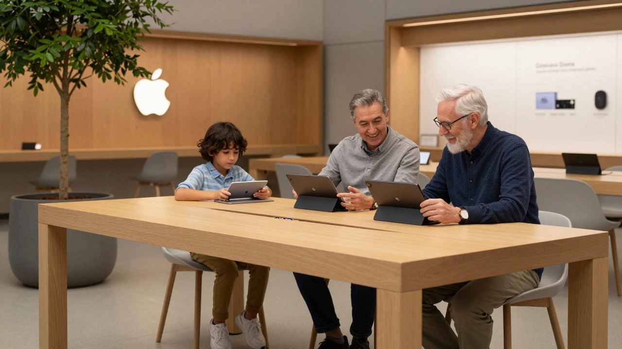 A Tysons Corner learning table with built-in USB-C ports and speakers, where a child and senior use iPads together under soft lighting.