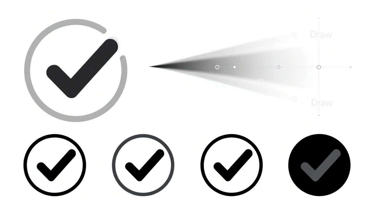 A vector checkmark icon showing nine weight variations with gradient highlights and motion trails from SF Symbols 7.