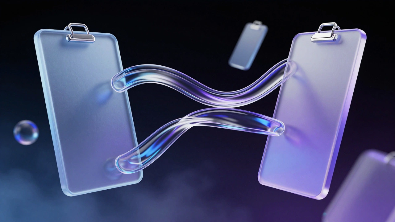 Abstract glass shapes exchanging streams of blue light energy in a void.