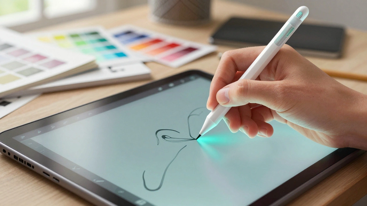 Artist using stylus on tablet screen with pressure sensitivity
