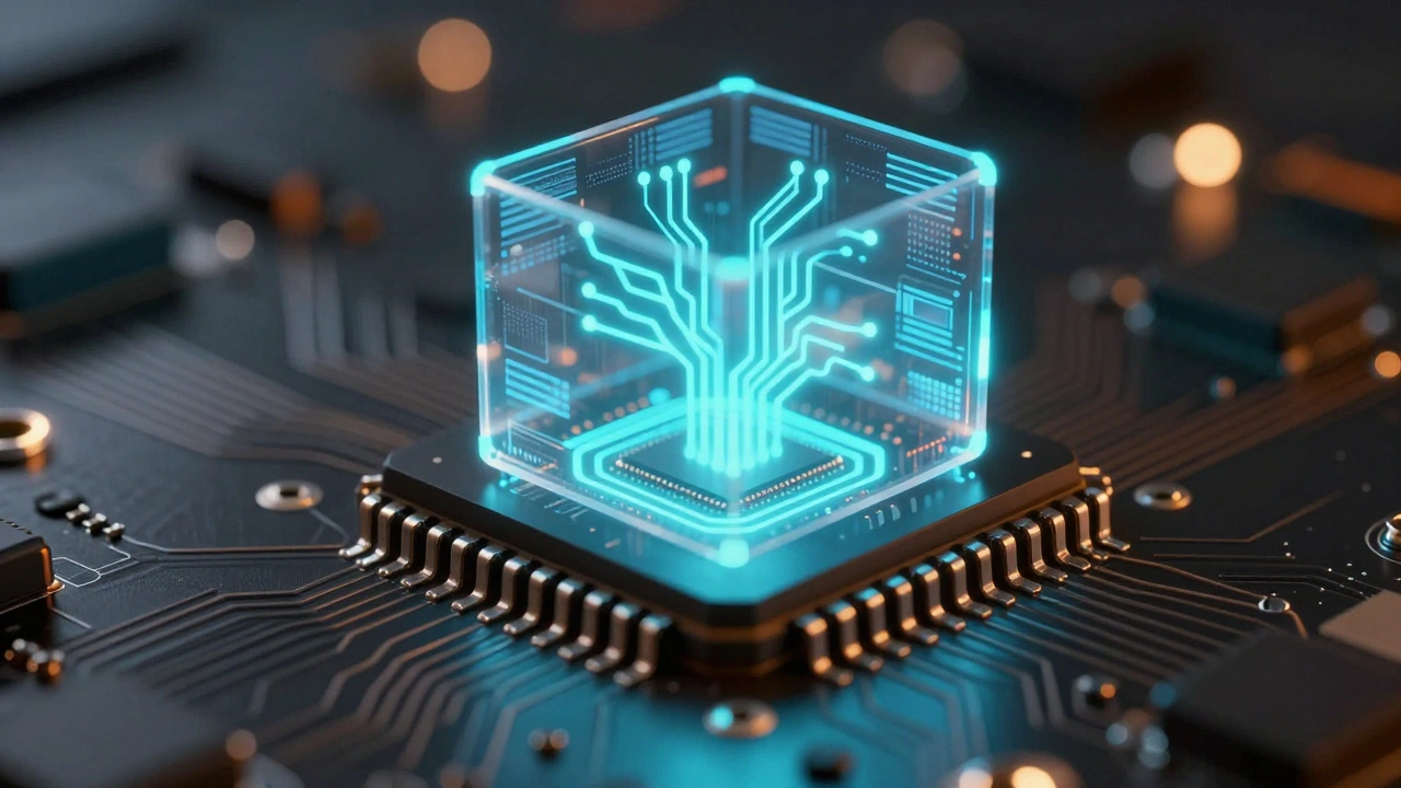 Close-up of a glowing microchip protected by a digital shield overlay.