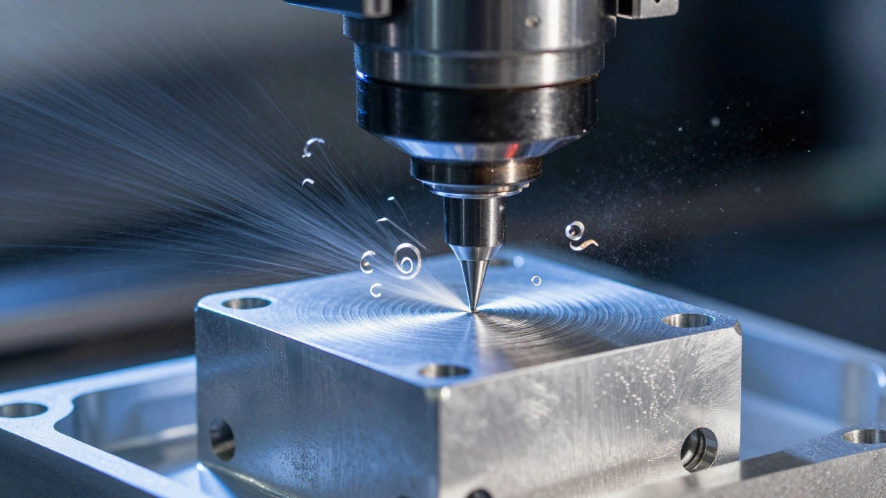 CNC machine tool cutting into aluminum block with metal shavings.