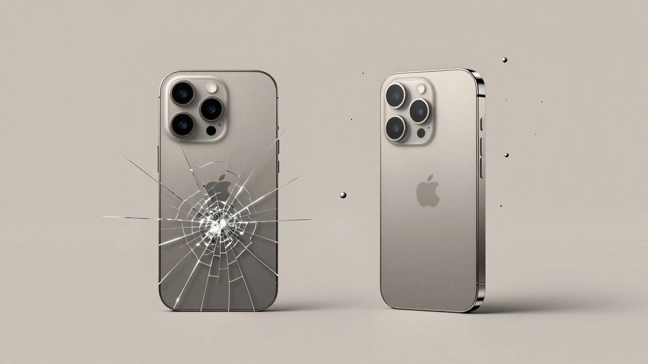 Comparison of cracked titanium iPhone vs. intact aluminum iPhone after a drop test.