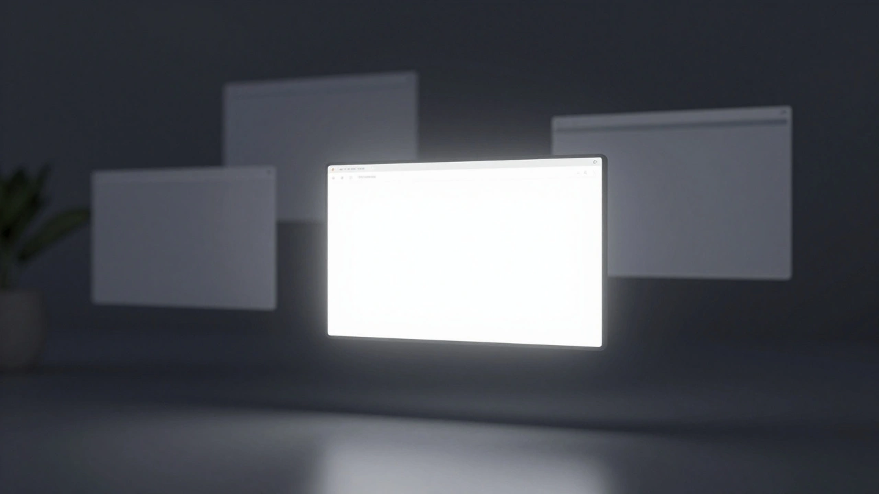 Floating windows at varying depths in a visionOS interface, illuminated by ambient light with soft background blur.