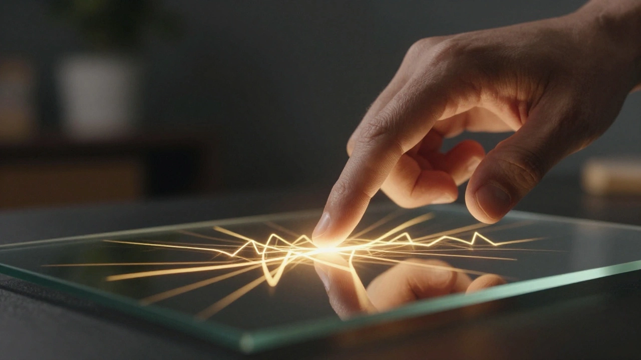 Hand touching glass interface with golden light streams flowing smoothly.