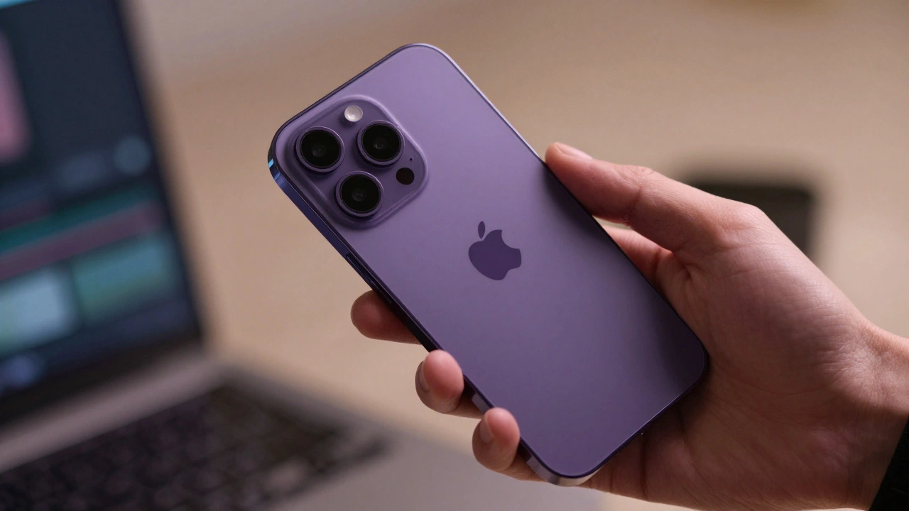iPhone 17 Pro in Deep Purple aluminum finish being held during extended gaming, evenly warm.