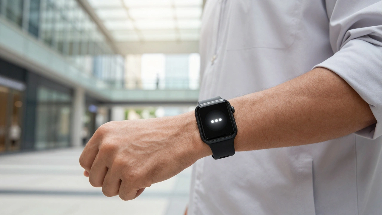 Person wearing smartwatch in modern urban environment