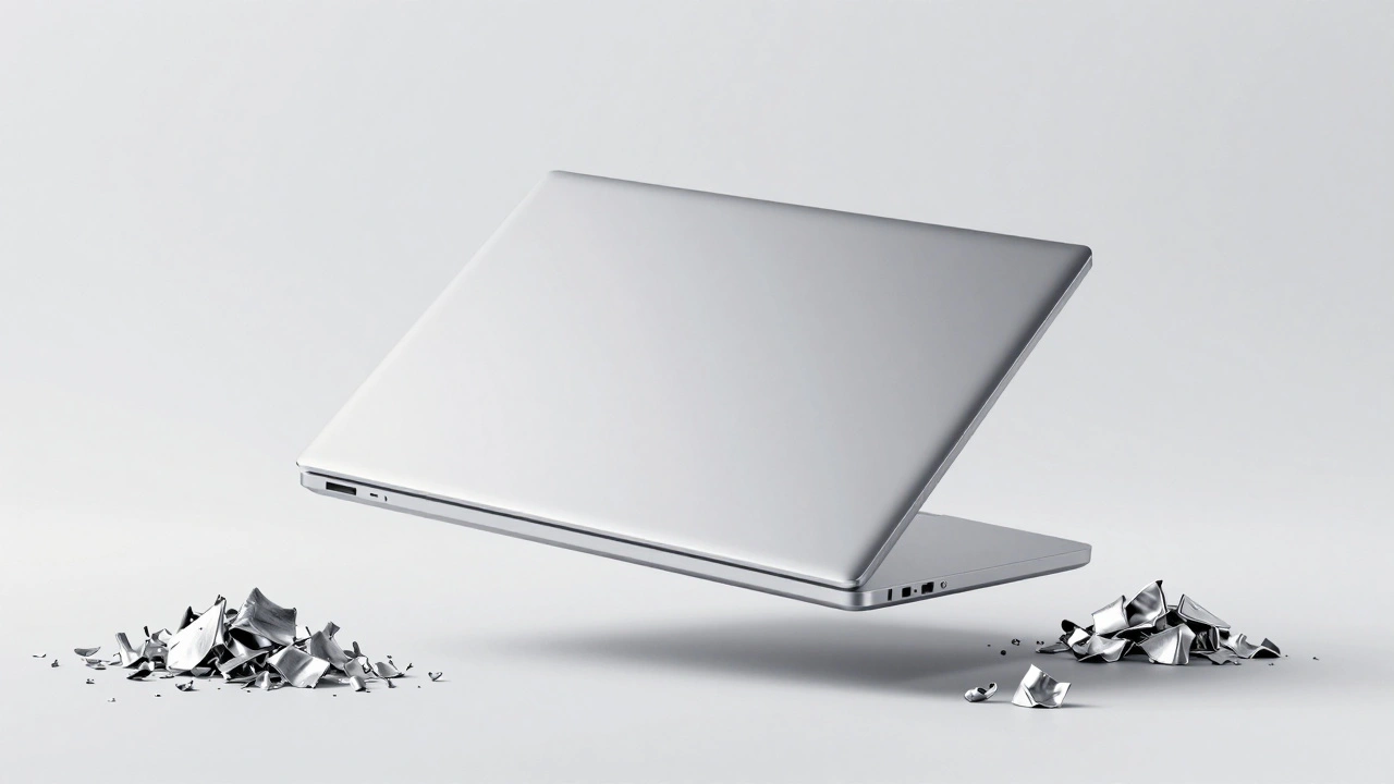 Seamless aluminum laptop chassis with recycled metal shavings nearby.
