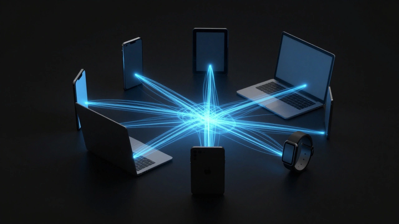 Silhouettes of connected devices glowing with energy streams between them.