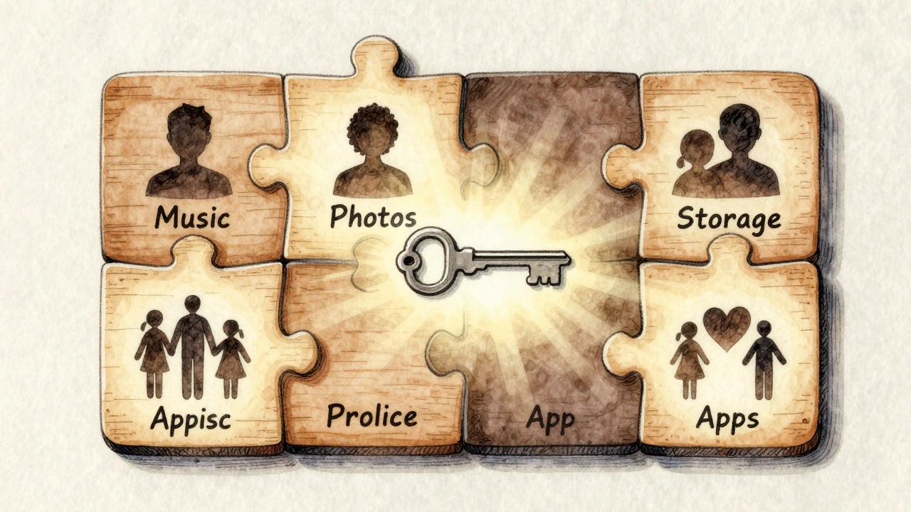 Six interlocking puzzle pieces representing family members, with some glowing as shared services and one key piece labeled Organizer.