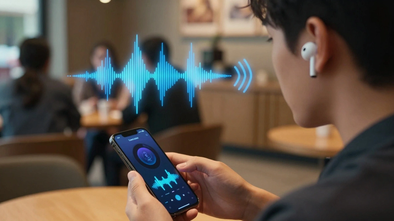 Someone using AirPods with Live Listen in a noisy café, with haptic feedback from music on their iPhone.