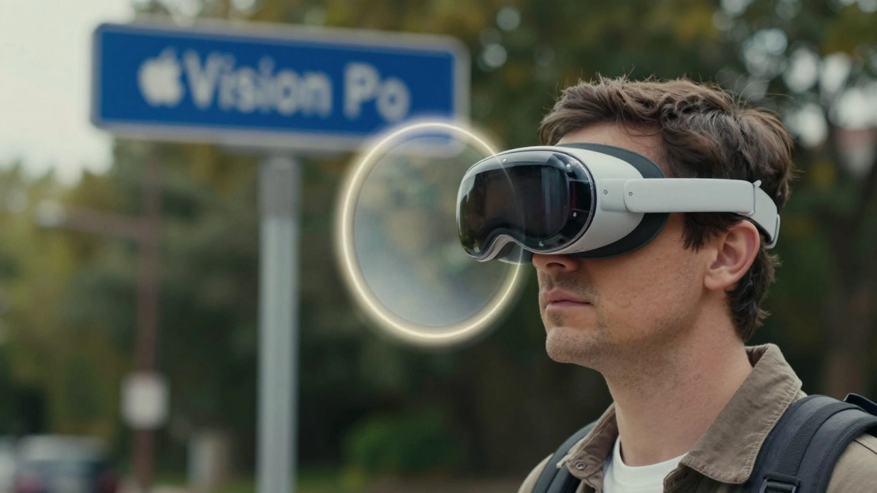 Someone using Apple Vision Pro to magnify a real-world street sign with a glowing focus indicator following their gaze.