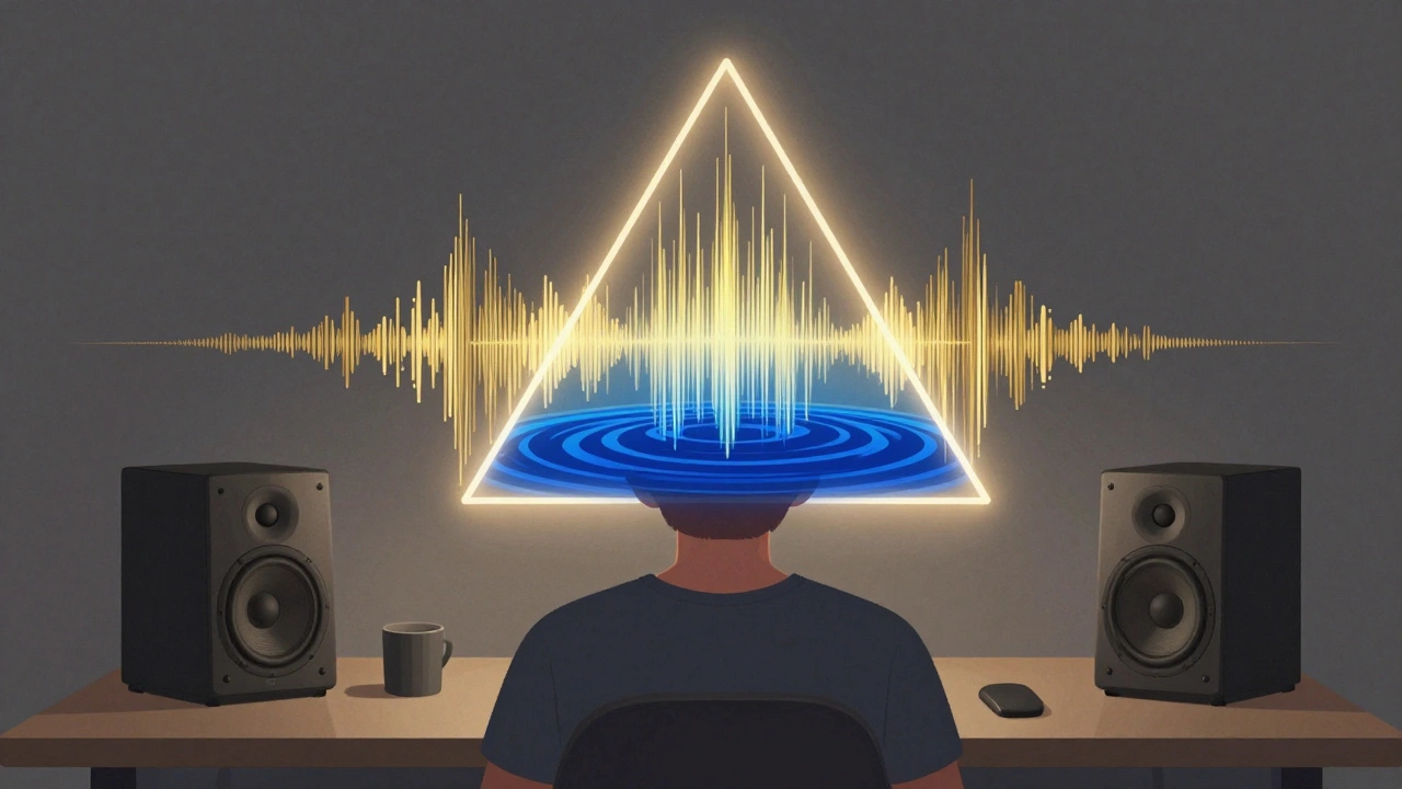 Sound waves in glowing blue and gold form a triangle around a person's head as they listen to music, with subwoofer beneath desk.