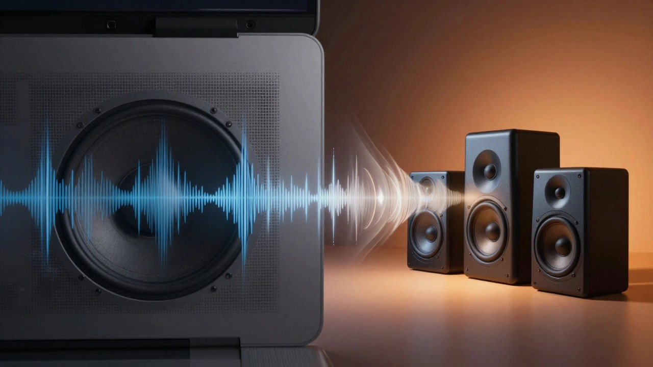 Split image: flat internal MacBook speaker waves vs. dynamic external speaker waves forming an immersive sound field.