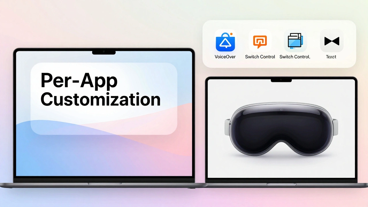 Split-screen showing different app settings on Mac and Vision Pro, with an accessibility label visible on an app icon.