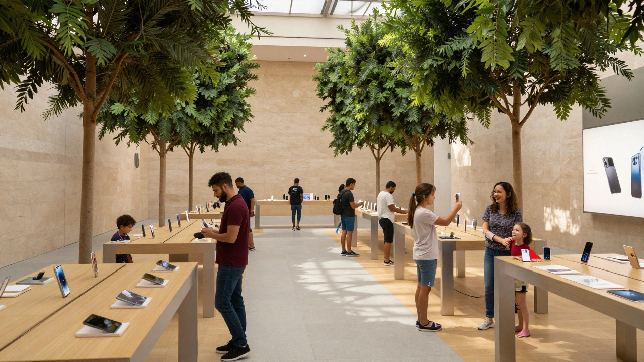 Visitors explore open demo stations along a tree-lined path in the Dubai Apple Store, no barriers or sales pressure.