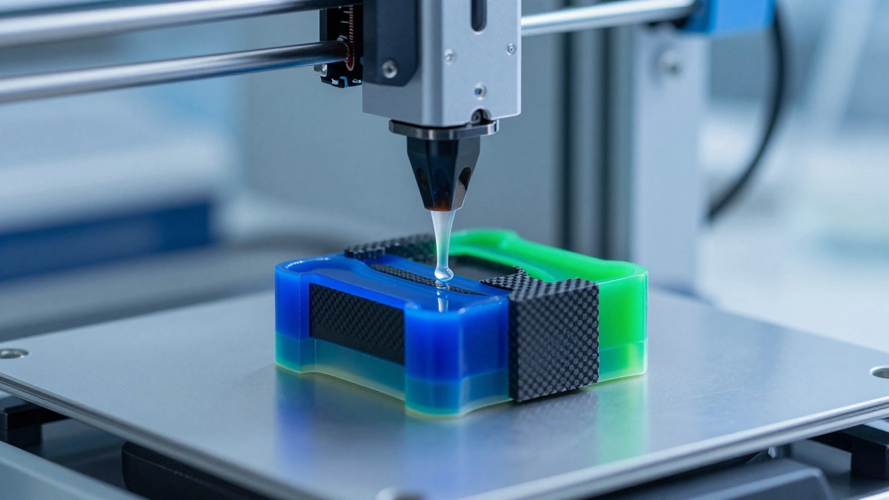 3D printer nozzle extruding a colorful, translucent photonic colloidal glass structure in a lab.