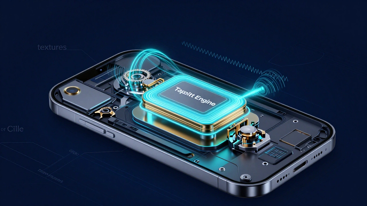 3D technical illustration of the Taptic Engine inside a phone with glowing motion waves.