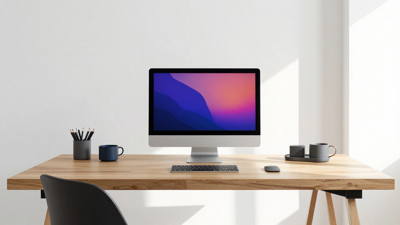 A clean, minimalist modern home office featuring a colorful iMac and sleek gray accessories.