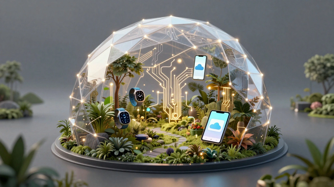 A futuristic digital garden enclosed in a glowing circuit dome containing connected devices.