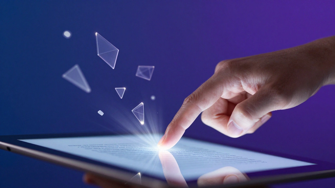 A hand performing a three-finger pinch gesture on a tablet with a light effect.