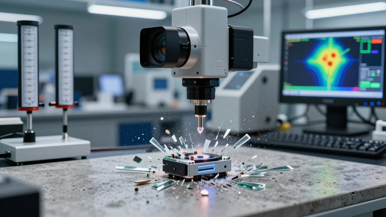 A high-speed photograph of a device during a structural drop test in a lab.