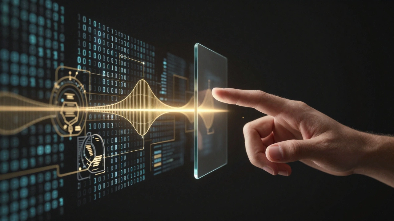 A human hand interacting with a digital interface connected to a data grid.
