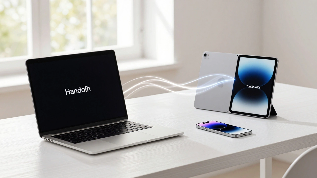 A MacBook, iPad, and iPhone on a desk connected by flowing lines of light.