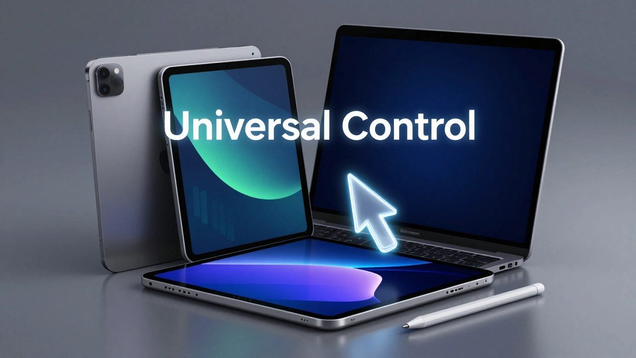 A translucent cursor moving seamlessly from a Mac screen to an iPad screen.