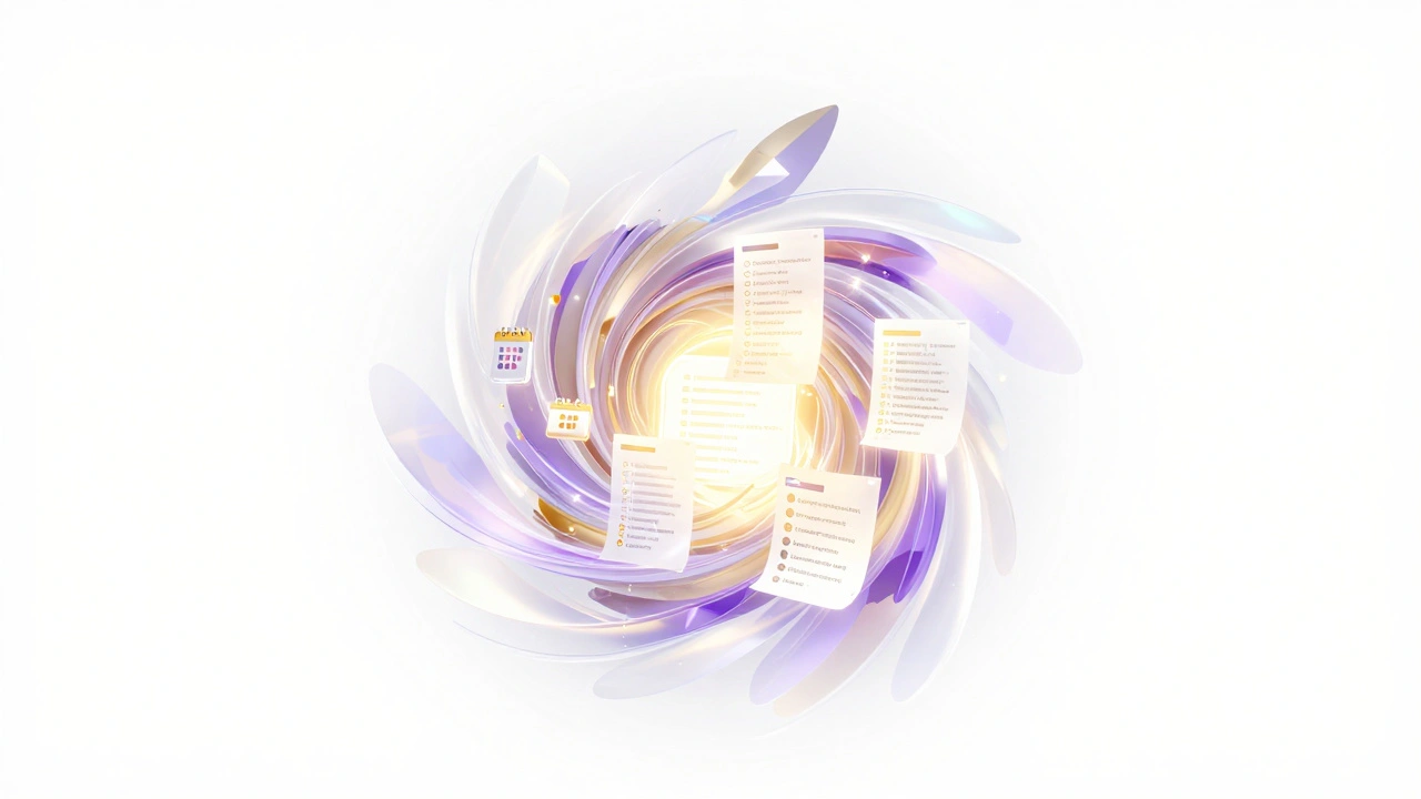 Abstract visualization of AI processing structured data into a summary with iridescent light and icons.