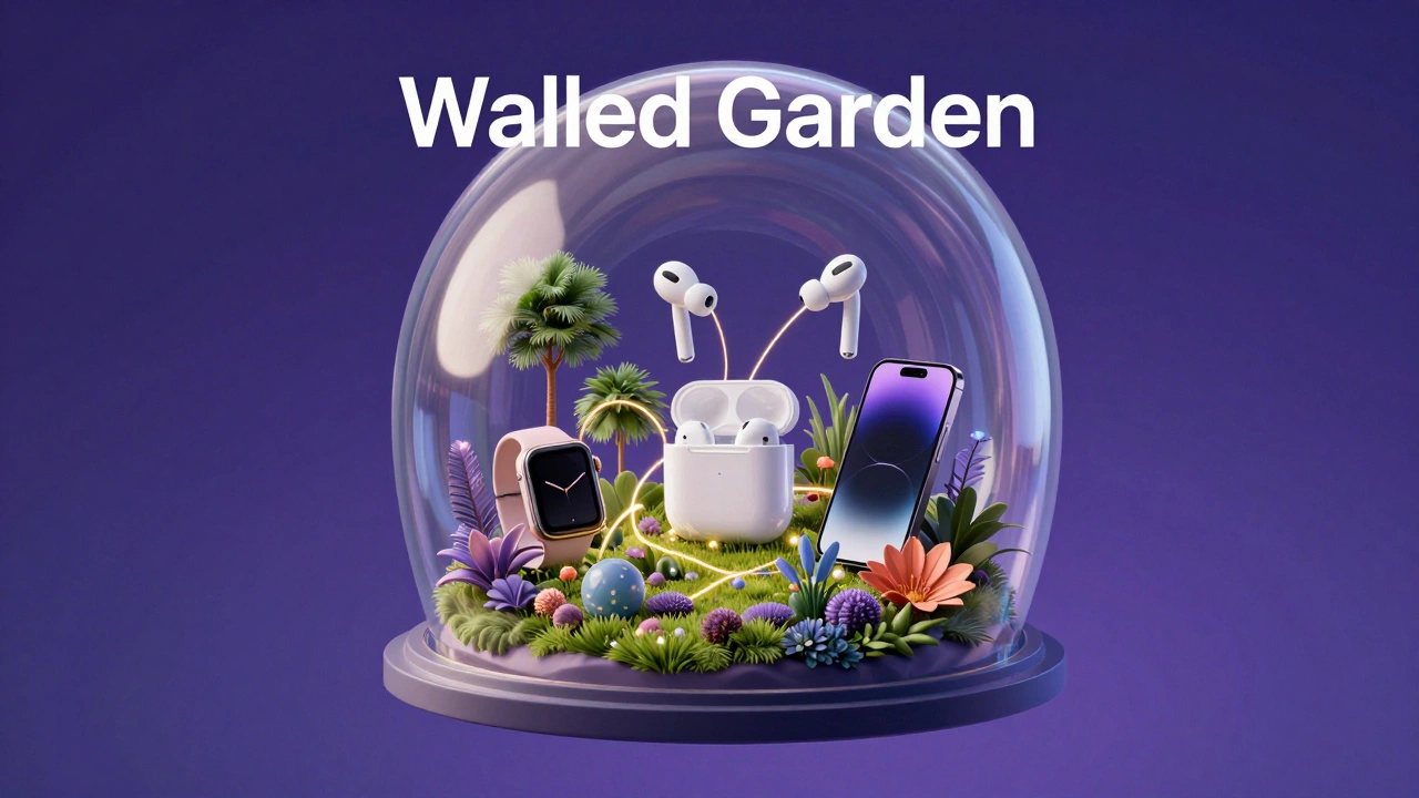 Apple devices connected by golden threads inside a translucent iridescent glass dome.