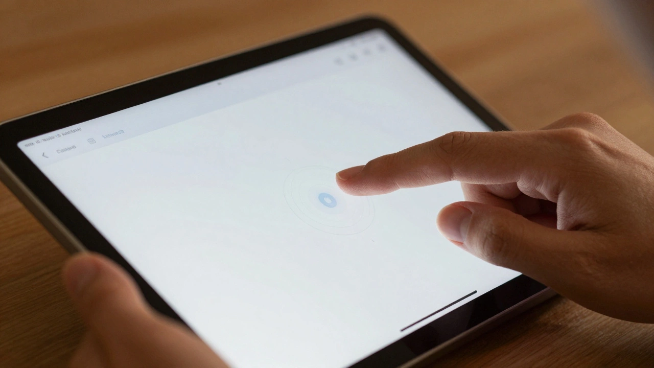 Close-up of a finger using AssistiveTouch custom gesture markers on a screen.