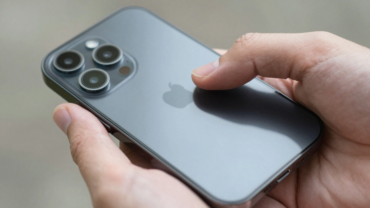 Close-up of a hand struggling to reach the top of a large iPhone screen