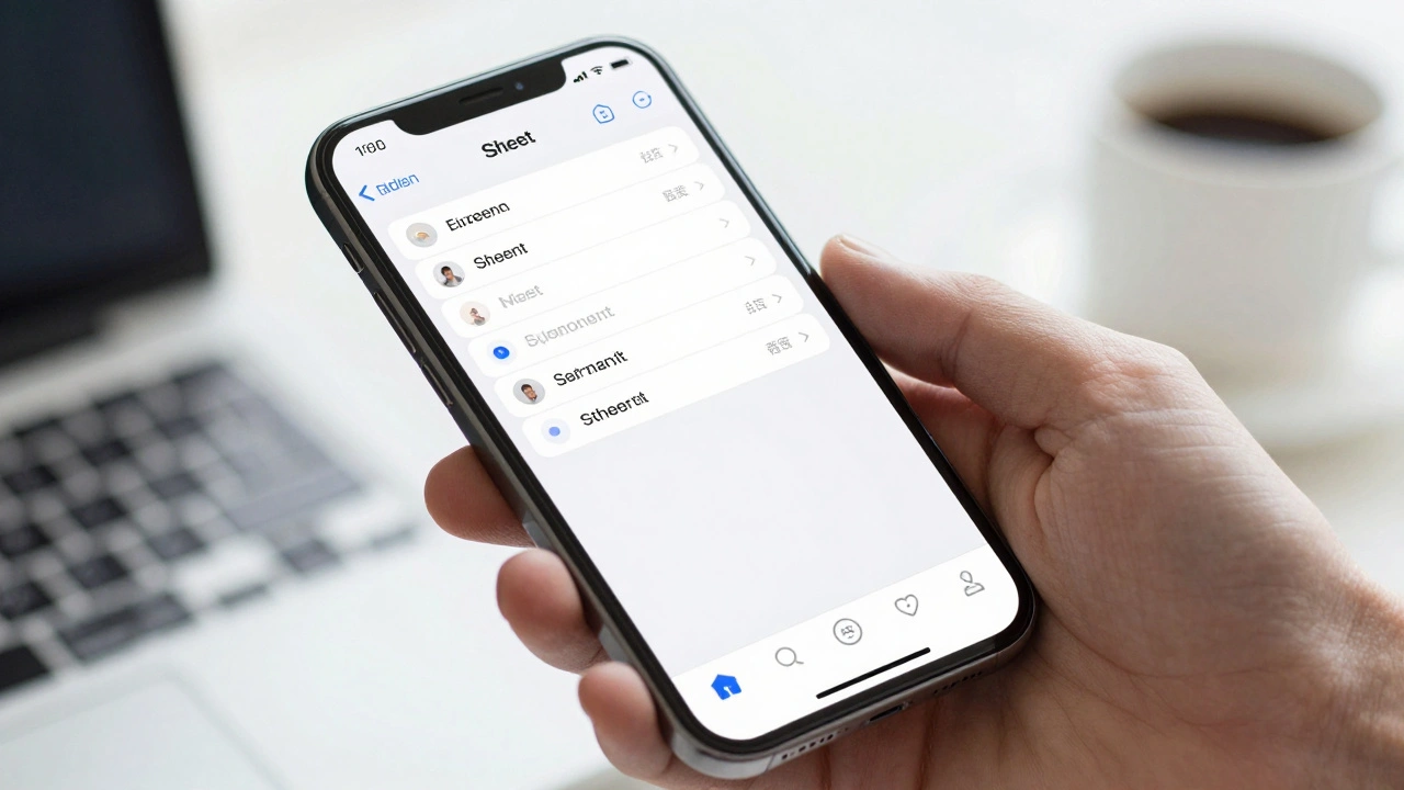 Close-up of a hand using a smartphone with a tab bar and modal sheet.